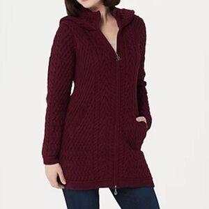 Aran Crafts Purple Long Zip Wool Hoodie Cardigan Sweater trinity Coat Sz S